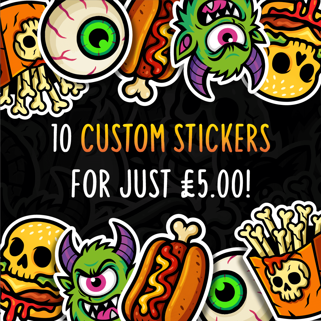 Special offer from DeadGood Stickers – get 10 custom stickers for just £5.00. Fun spooky cartoon designs including skull burgers, monsters, eyeballs, hotdogs, and bone fries.