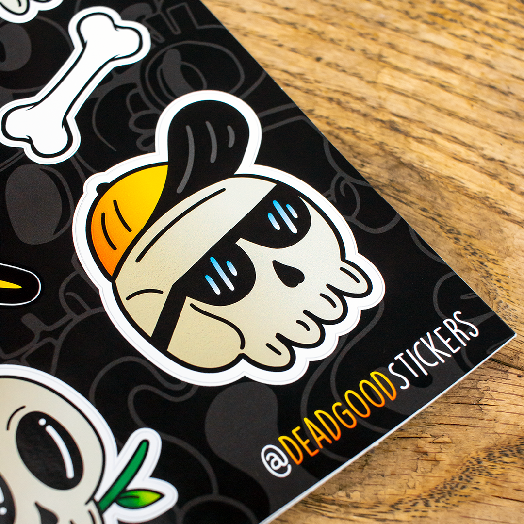 a close up of a skull sticker on a a5 custom sticker sheets