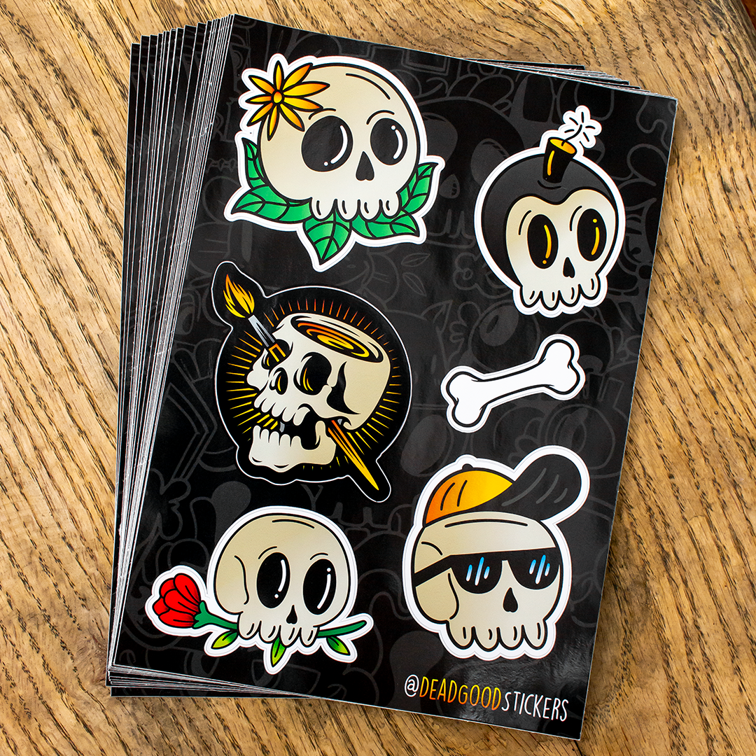 custom sticker sheets with various skull designs