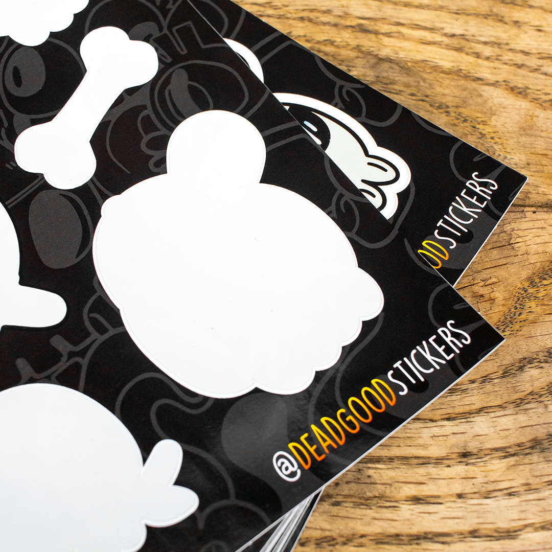 a close up of a skull sticker that has been peeled off a a5 custom sticker sheets
