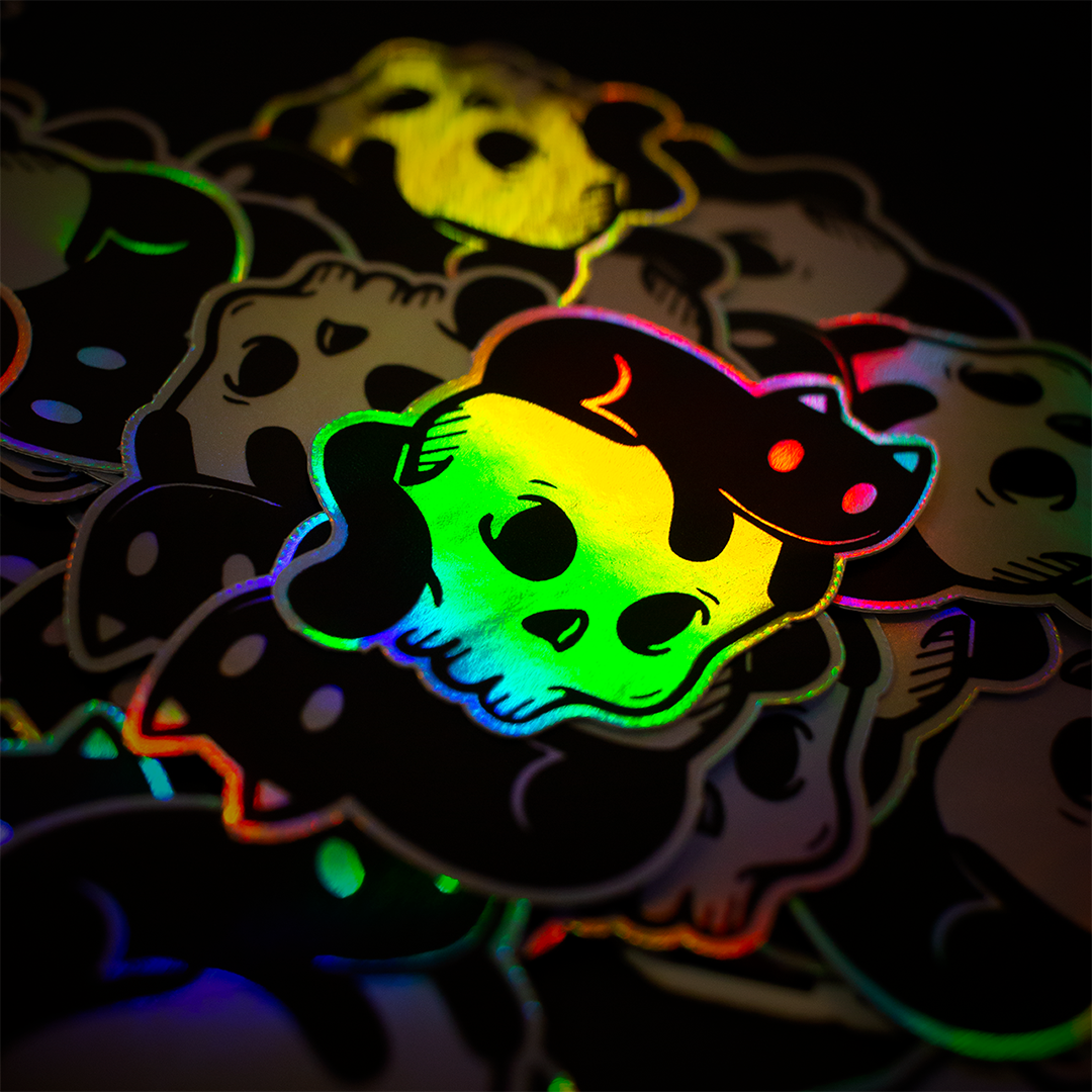 a custom shaped holographic skull sticker