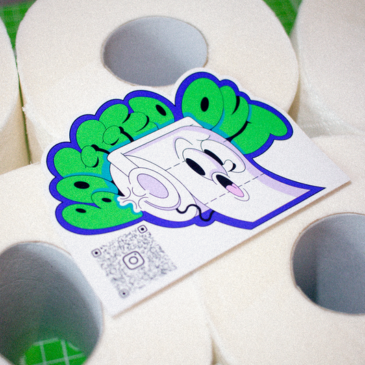a custom shaped sticker of a toilet roll with the words Bogged Out above it