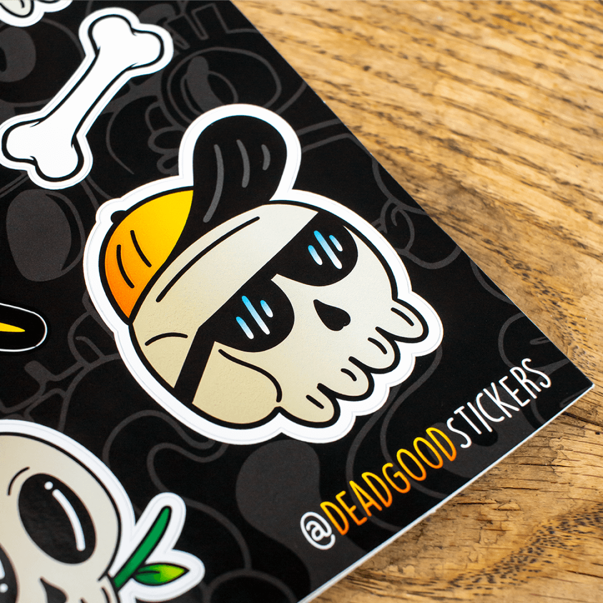 Custom DeadGood sticker sheet, promoting personalised sticker sheet printing