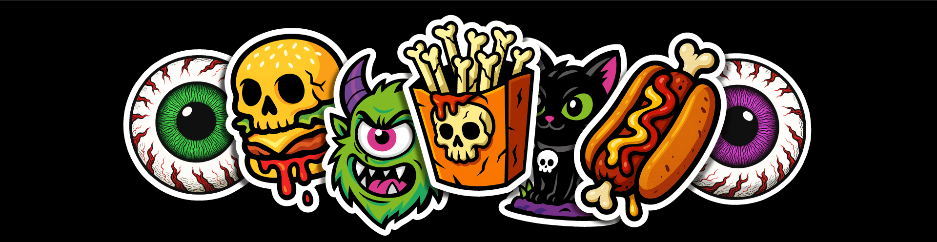 Colorful DeadGood sticker designs including skull burger, monster, bones, cat, hot dog and eyeballs used as a section divider banner