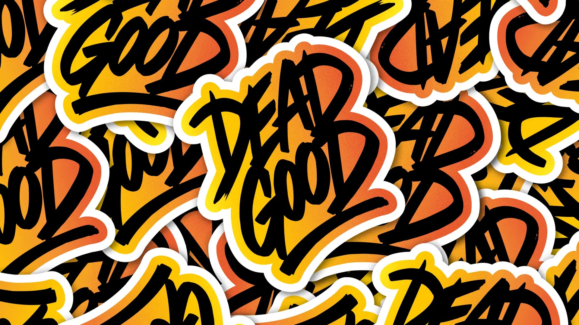 DeadGood Stickers logo-style sticker designs in bold black lettering with orange and yellow gradient background, homepage banner promoting custom stickers