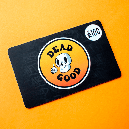 Gift card with 'Dead Good' logo and £100 value on an orange background