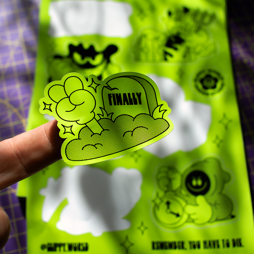 custom sticker sheets for Slippy World. it includes several of his drawings getting peeled as stickers