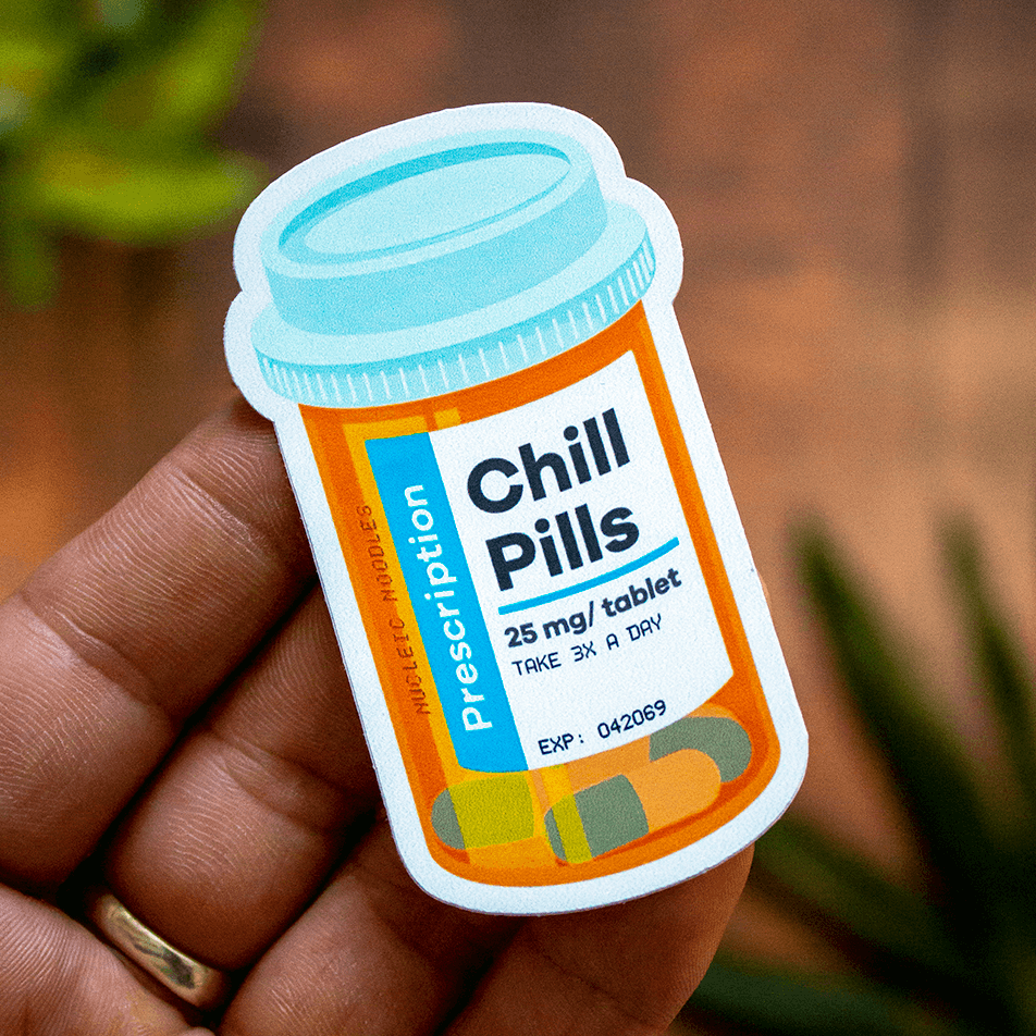 Matte vinyl sticker of a playful prescription bottle design reading “Chill Pills”