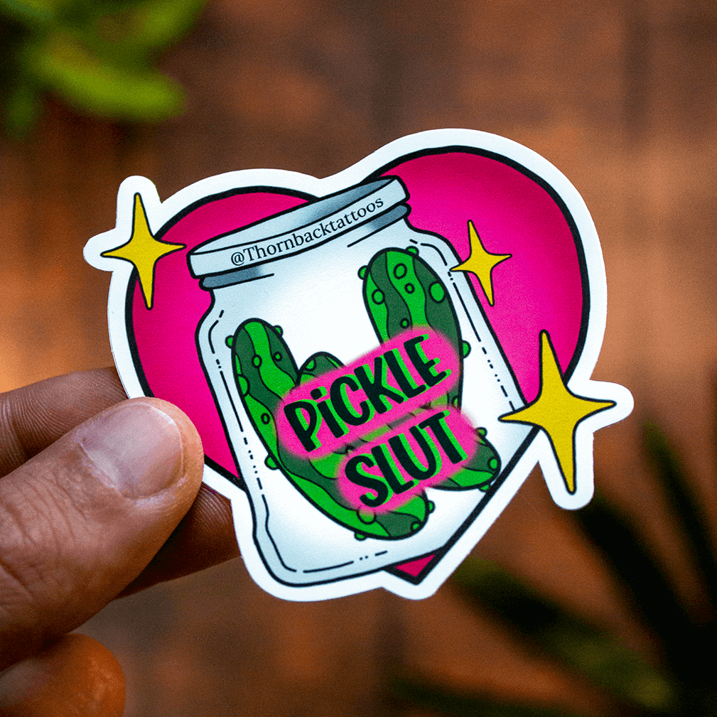 Matte sticker featuring a colourful illustrated pickle jar with a heart background