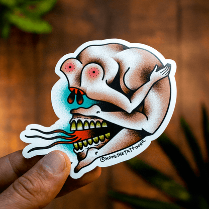 Matte finish sticker showing a bold surreal skull character illustration