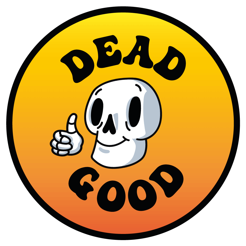 DeadGood Stickers logo, cartoon skull giving a thumbs up inside a yellow-orange circle