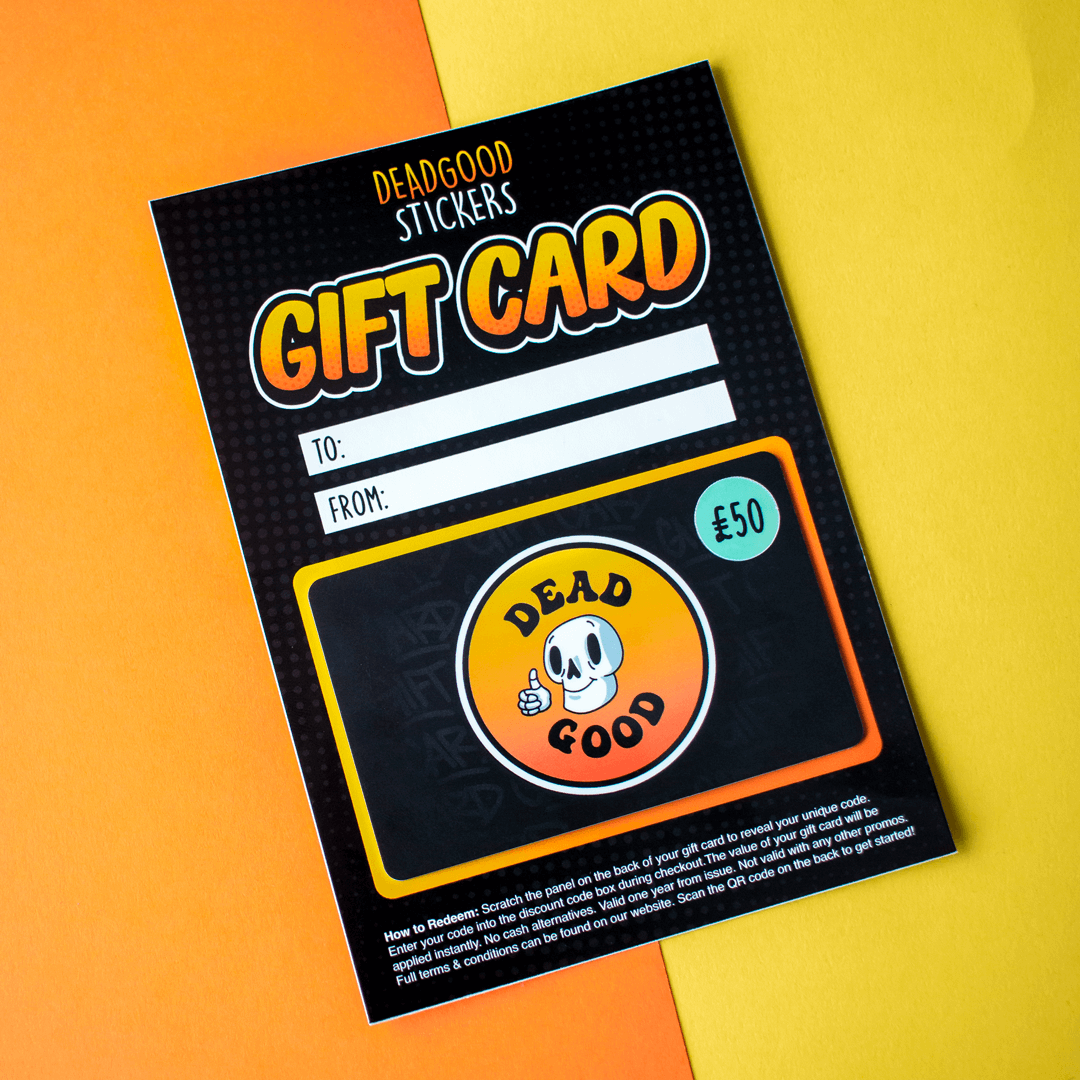 Deadgood Stickers gift card on a yellow and orange gradient background