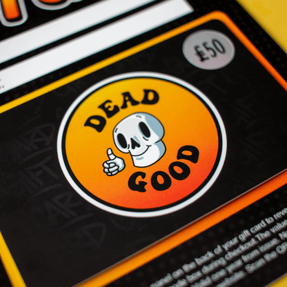 Gift card with 'Dead Good' logo and text on a black background