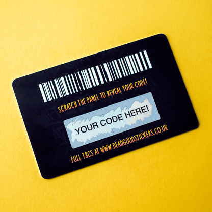 Scratch-off code card with barcode on a yellow background